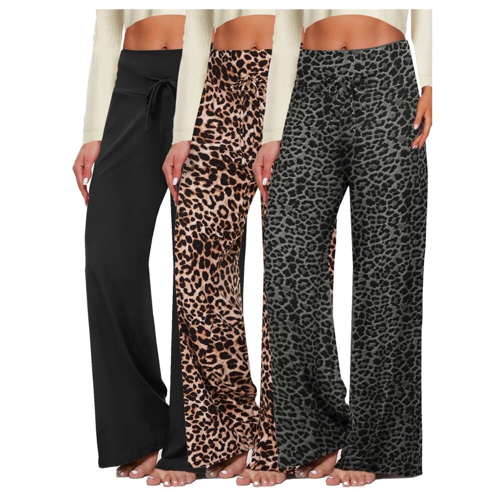 Women's 3 PK loose fit Wide Leg lounge Pants Pockets Plus size 2XL Animal Print